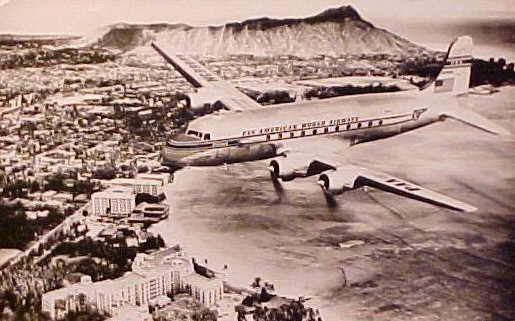 1940s A Pan Am DC 4 arriving at Honolulu.
